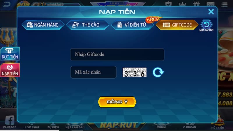 Hướng dẫn chi tiết nạp tiền rút tiền Sumvip an toàn 4 Nạp tiền Sum Vip qua giftcode tiện lợi