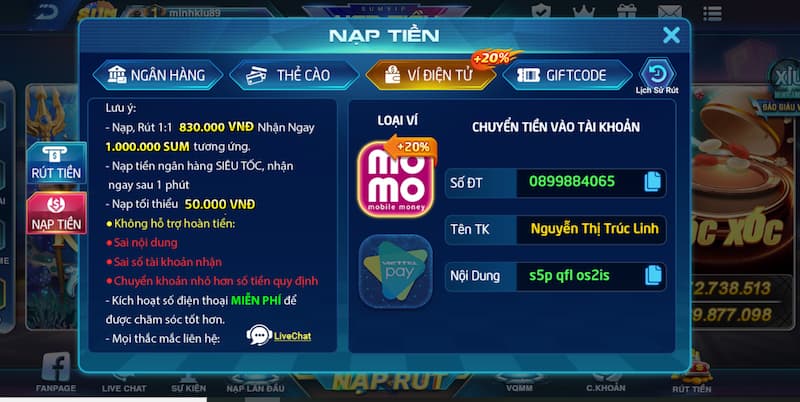 Hướng dẫn chi tiết nạp tiền rút tiền Sumvip an toàn 3 Nạp tiền Sum Vip qua ví điện tử