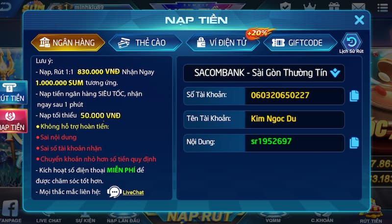 Hướng dẫn chi tiết nạp tiền rút tiền Sumvip an toàn 1 Nạp tiền Sumvip qua ngân hàng